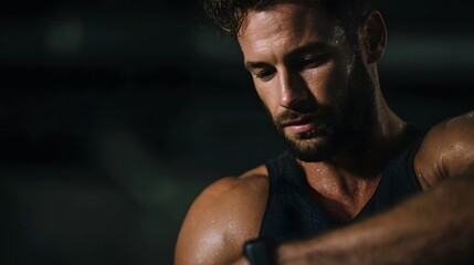 A determined and sweaty man in athletic wear checks his smartwatch during an intense gym workout in a dimly lit setting