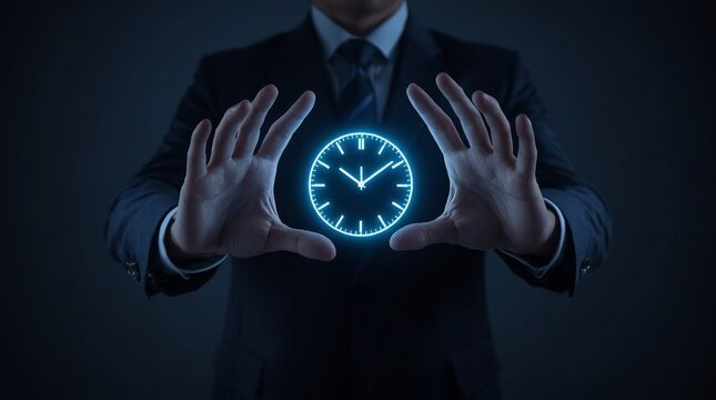 Businessman holding glowing digital clock in hands, futuristic concept of time management, leadership, deadline control, productivity and corporate strategy with neon blue light background