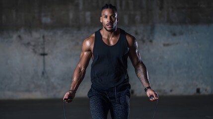 A fit man with a muscular physique is intensely focused while jumping rope during a high energy workout in a dynamic indoor gym setting