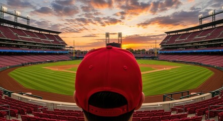 Spectator watches baseball game from stadium seating at sunset