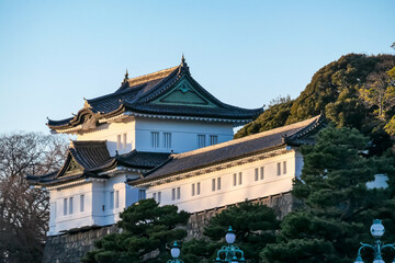 Grand, traditional roof of Zojoji Temple stands in stark contrast to modern, red lattice of the iconic Tokyo Tower behind it, symbolizing blend of old and new in Tokyo, Japan, under bright, sunny sky