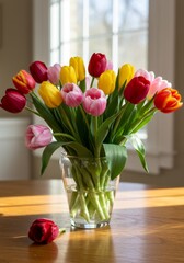Fototapeta premium Colorful Tulip Bouquet in Glass Vase on Wooden Table
