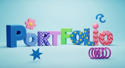 Obraz premium Colorful and playful alphabet letters spelling out the word portfolio with decorative elements on a soft blue background representing creativity and personal projects