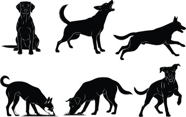 Dog silhouette vector set, cartoon pet poses, running, sniffing, sitting, barking, black animal icons, isolated clipart for stock content