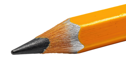 Close-up of a sharpened pencil tip.  The graphite point is slightly frayed.  Orange wood casing surrounds the point