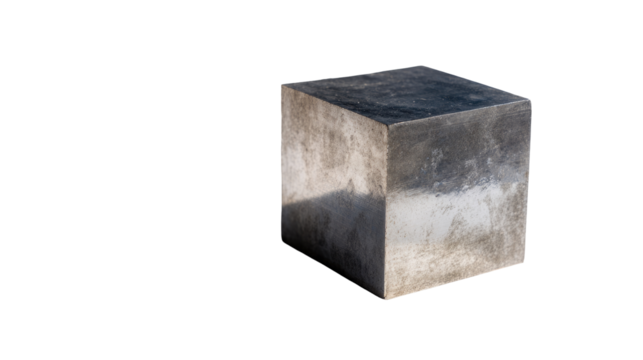 Isolated cube of gray concrete, showing texture and shadows