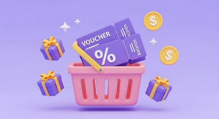 3d illustration of a pink shopping basket filled with purple discount vouchers and surrounded by gift boxes and golden coins against a purple background