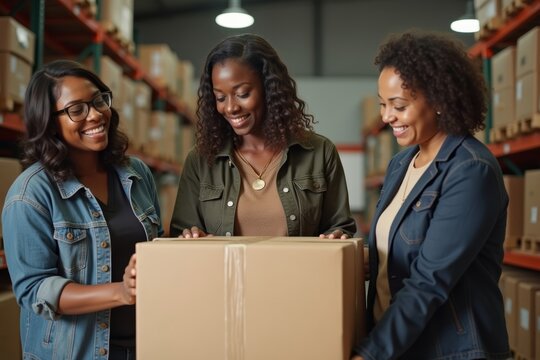 Title: African-American Group Organizes, Secures, and Transport Goods in Storage Warehouse Interior