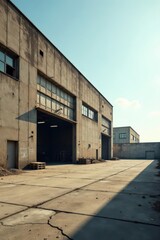 A sunlit expanse of cracked concrete reveals aged industrial buildings, their weathered concrete facades and large loading doors hinting at a history of industry and commerce