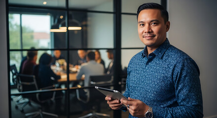 Man holding a tablet in front of a conference room with people sitting around a table inside it