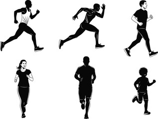Running silhouette vector illustration, diverse people jogging, sprinting, exercising, black and white poses, fitness activity, healthy lifestyle, motion concept