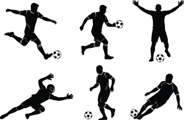 Soccer player silhouette vector, football action poses, kicking, dribbling, sliding tackle, celebration, dynamic movement, sports training, athletic motion, ball control