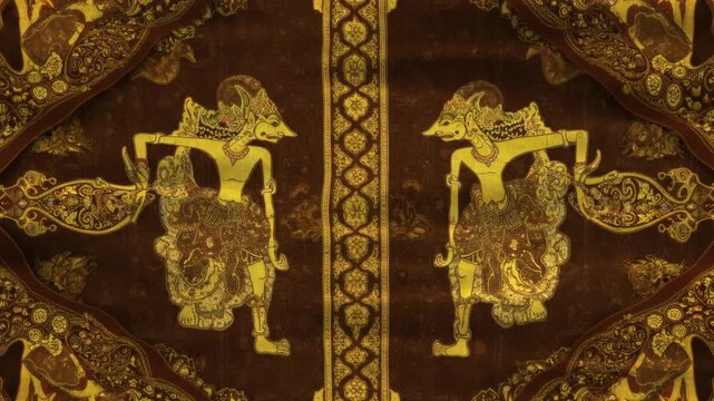 Symmetrical Javanese Wayang puppet characters on a traditional Indonesian batik textile background