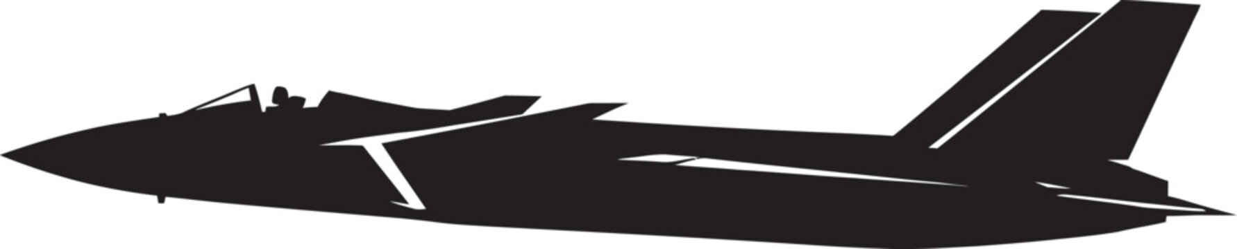 Sleek black silhouette of an F14 Tomcat military fighter jet in a side profile view