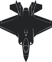 Topdown black silhouette illustration of an F22 Raptor stealth fighter jet with white outlines