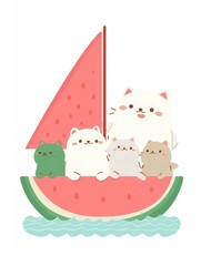 Cute Animal Friends Sailing on a Watermelon Boat with Colorful Cartoon Style