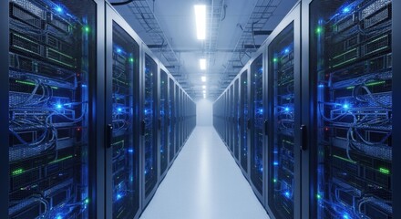 Rows of glowing server racks in a data center. Network infrastructure, cloud computing, and big data storage concept.