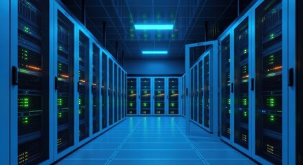 A large server room with rows of rack cabinet data servers illuminated by blue light. Concept of big data storage facility and cloud computing.