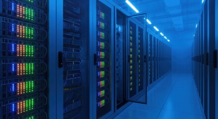 Data center servers with glowing lights. Information technology infrastructure. Server room for cloud computing and data storage.