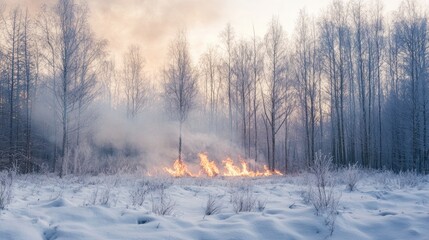 Smoke and Fire in Snowy Winter Forest at Dawn Light