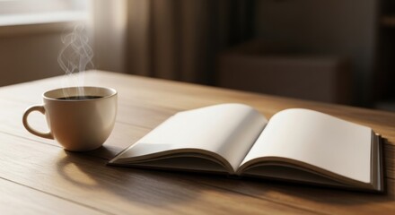 Steaming coffee mug and open blank book on a wooden table. Concept of study, business planning, or morning routine.