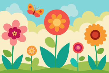 Fototapeta premium A beautiful cartoon flower garden filled with butterflies vector illustration