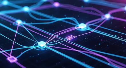 Digital network connection visualization with glowing nodes and lines. Abstract technology background for global communication and data transfer.