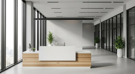 Obraz premium Modern office reception desk and waiting area in a large corporate building with big windows. Business lobby.