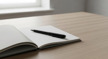 Naklejka premium Open notebook with blank page and black pen on a wooden table. Minimalist office desk setup for work or study.