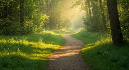 Obraz premium Sunlit Path Through Lush Green Forest