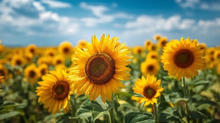 Fototapeta premium A Vibrant Field of Sunflowers Basking in the Summer Sun
