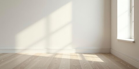 Fototapeta premium Sunlight Illuminates an Empty Room with Light Wood Flooring and White Walls Featuring a Window