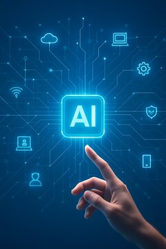 Futuristic ai interface with hand touching glowing button connecting cloud security data analytics wifi network icons innovation technology digital transformation blue neon background user experience