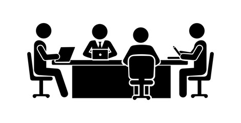 Minimalist stickman vector illustration of four people in a meeting, discussing ideas with laptops and notes around a table. Perfect for teamwork, business presentations, office collaboration, or proj