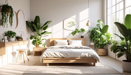 A sunlit minimalist bedroom with white bedding, wooden furniture, and lush green plants—blending natural serenity with clean, modern design.