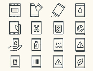 Minimalist Packaging Instruction Icons – Sachet Handling, Opening Methods, Liquid Contents, Expiry, Recyclability, Caution Symbols, Personal Use, Eco-Friendly Labels, Black Line Style