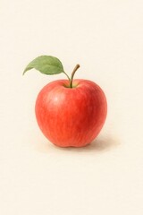Still Life of a Single Red Apple with Stem and Leaf on Plain Background