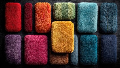 Colorful rectangular carpet samples arranged on dark surface