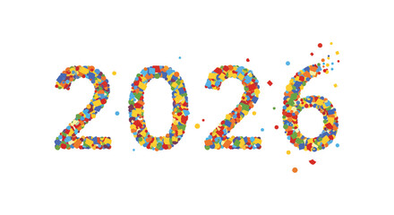 Colorful confetti forming the year twenty twenty six on white background
