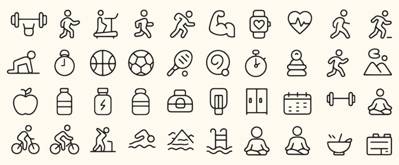Minimalist Sport & Fitness Icons – Exercise, Wellness, Gym Equipment, Heart Rate, Smartwatch, Yoga, Meditation, Nutrition, Outdoor Activities, Black Line Style for Health & Lifestyle Design