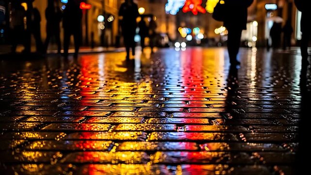 Wet cobblestone street at night with colorful reflections of city lights and blurry people with umbrellas