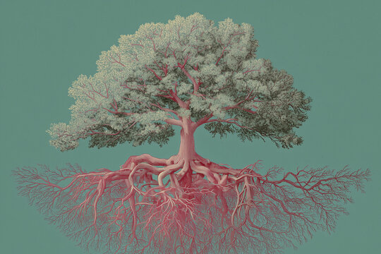 A tree with roots that are neural pathways and branches that are blood vessels, the mind-body connection, intricate biological art, detailed,