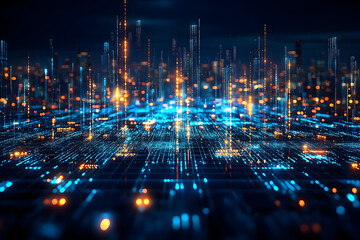 Abstract Digital Cityscape with Glowing Lines and Futuristic Dat