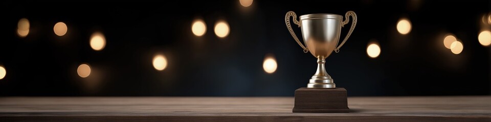 Golden trophy on wooden surface against a background of warm bokeh lights