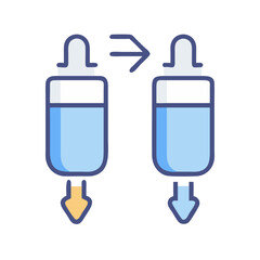 Fluid transfer between two containers with downward flow arrows
