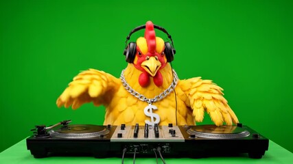 DJ Chicken Green Screen Footage - A fun and quirky chicken DJ wearing headphones and a dollar sign necklace mixes music on turntables against a green screen background.