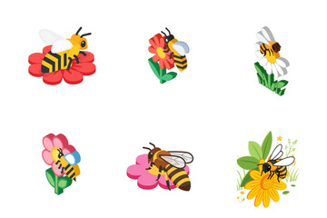 Bees flying and sitting on flowers, symbolizing pollination and nature's harmony.