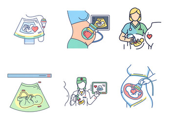 Ultrasound scans and doctors monitoring pregnancy for prenatal healthcare.