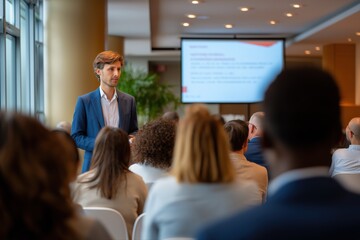 Young caucasian male leading business presentation in modern conference room