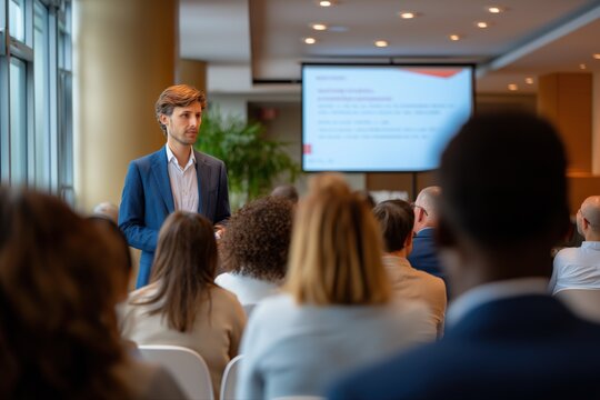 Young caucasian male leading business presentation in modern conference room